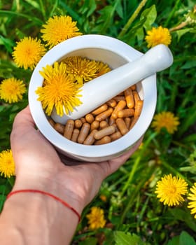 Dandelion extract and homeopathic supplements. Selective focus. nature.
