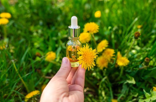 Dandelion extract and homeopathic supplements. Selective focus. nature.