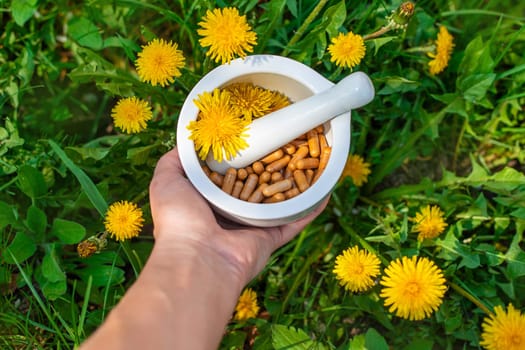 Dandelion extract and homeopathic supplements. Selective focus. nature.