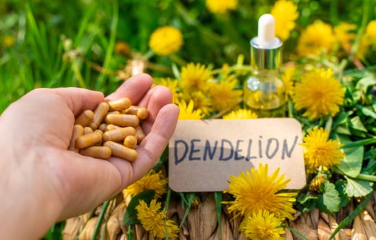 Dandelion extract and homeopathic supplements. Selective focus. nature.