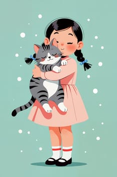 A cheerful girl in a pink dress holds a gray striped cat close, smiling as snowflakes fall in a light green setting, creating a warm, cozy atmosphere. Generative AI.