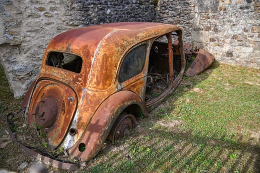 Destroyed cars during World War 2 in Oradour sur Glane France