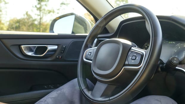 A person driving a car with a leather steering wheel on a tree-lined road. Bright sunny day with clear blue sky. Modern black dashboard with digital speedometer display.