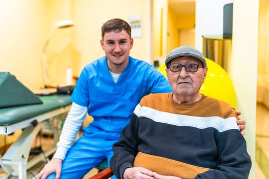 Physiotherapist providing support to a senior man during rehabilitation at a retirement home, fostering recovery and enhancing wellbeing