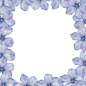 Blue hydrangea flowers watercolor frame. Hand drawn delicate flower on isolated white background. Botanical illustration. Ideal for wedding and birthday cards