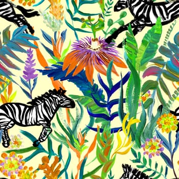 Seamless pattern with running zebras and bright tropical flowers drawn in a painterly style for summer textiles and design