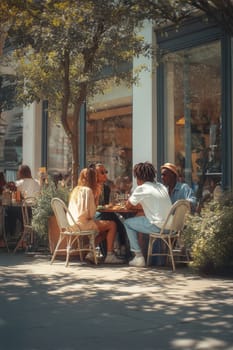 A diverse group of friends having lunch at a sunny outdoor bistro, enjoying conversation and food in a relaxed urban atmosphere. Perfect for lifestyle, diversity, and social connection themes