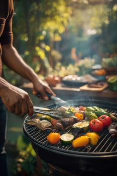 Man grilling fresh colorful vegetables on a round barbecue in a sunlit garden. Perfect for healthy food concepts, summer outdoor meals, or vegan cooking content