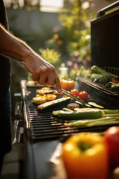 A close-up of a hand grilling vibrant vegetables on a barbecue in soft summer light. Perfect for food-related projects, outdoor dining visuals, and healthy cooking themes