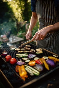 Man in striped apron grilling colorful vegetables on a rustic outdoor barbecue. Ideal for healthy lifestyle visuals, vegan recipes, summer meals, and food-focused creative projects