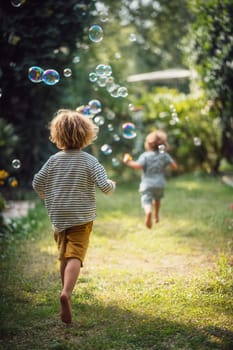 Two young children running barefoot and playing with colorful bubbles in a lush summer garden. Ideal for themes of joyful childhood, outdoor adventures, family moments, and carefree days