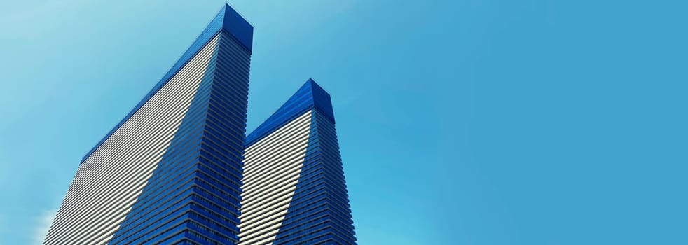 Modern architecture, high-rise residential building, house with glass facade on blue sky background