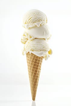 A waffle cone holds three generous scoops of smooth vanilla ice cream, showcasing a clean and minimalistic aesthetic against a bright white background. The ice cream appears creamy and inviting.