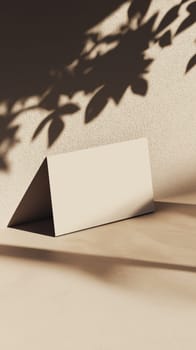 Natural light filters through, casting delicate shadows of leaves on a smooth, neutral-colored surface. A triangular prism object rests against the wall, enhancing the tranquil setting.