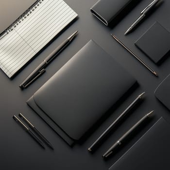 A modern arrangement of black stationery including a notepad, folders, pens, and a pencil case set against a dark surface. Items are organized neatly, showcasing a sleek and professional look.