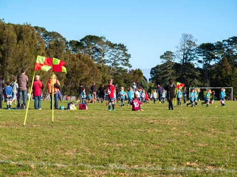 Auckland New Zealand - May 12 2012; Outdoor activity on sunny morning junior football with number of children and adults on field.