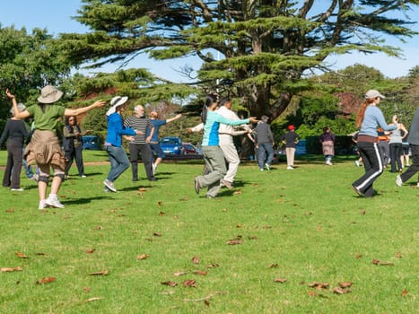 Auckland New Zealand - May 12 2012; Outdoor activity on sunny morning  seniors partaking in tai chi in city park.