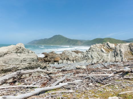 Rocky Wairarapa coast al edge with land.
