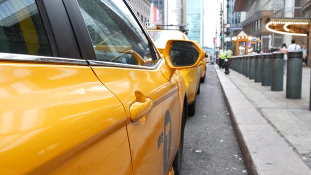 New York City, United States - 4 Sept 2023: Grand Central Terminal railway station, 42 street. Manhattan Midtown. Yellow taxi cab, cars on Pershing Square, USA. American urban road traffic and people.