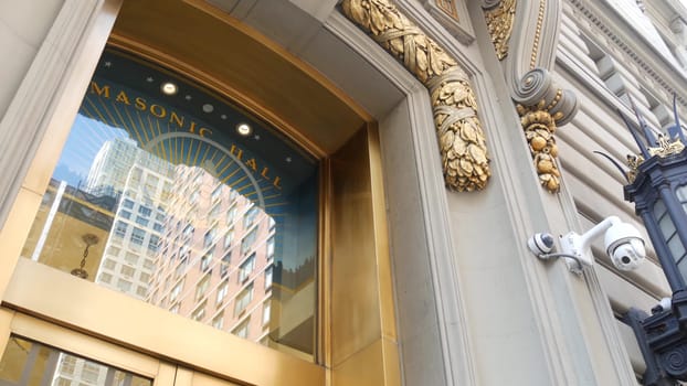New York City, United States - 6 Sept 2023: Grand Lodge of Masons building facade on Manhattan street. Freemasons headquarters architecture. Masonry organization in NYC, USA. Masonic Hall exterior.