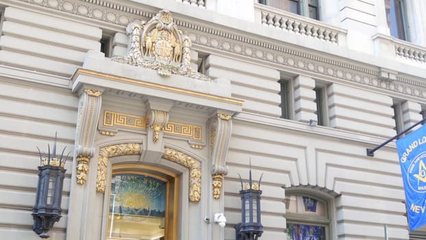New York City, United States - 6 Sept 2023: Grand Lodge of Masons building facade on Manhattan street. Freemasons headquarters architecture. Masonry organization in NYC, USA. Masonic Hall exterior.