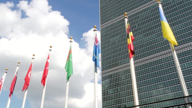 New York City, United States - 12 Sept 2023: United Nations UN Headquarters, Manhattan Midtown, USA. Diplomatic political international organization. Flags row for General Assembly conference session.
