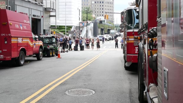 New York City, United States - 11 September 2023: Firefighters celebrate Patriot Day. 911 memorial remembrance event, FDNY commemorate anniversary. Fire Department Station, Manhattan 10 Ten Firehouse.