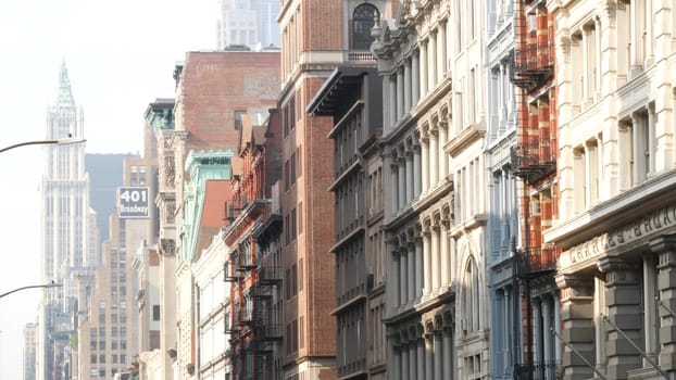 New York City, United States - 8 Sept 2023: Manhattan Soho fashion district, Broadway street. USA urban old classic american architecture, NYC. Business and residential real estate. Woolworth building