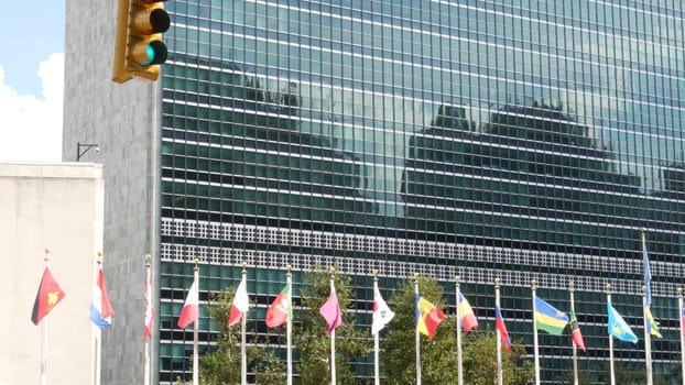 New York City, United States - 12 Sept 2023: United Nations UN Headquarters, Manhattan Midtown, USA. Diplomatic political international organization. Flags row for General Assembly conference session.