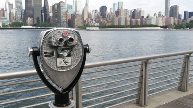 New York City, United States - 4 Sept 2023: Waterfront skyline, Manhattan midtown buildings, riverfront skyscrapers by East river. Waterside cityscape, tower viewer, Gantry Plaza. Long Island, Queens.