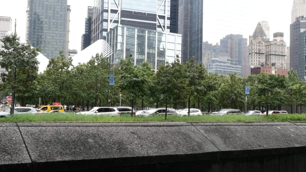 New York City, United States - 10 Sept 2023: Manhattan Downtown Financial District street architecture. World Trade Center skyscraper building, USA. American 911 Memorial Pools park. Brookfield place.