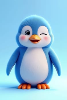 A charming blue penguin character winks cheerfully, showcasing its fluffy texture and vibrant colors, set against a soft blue backdrop. Generative AI.