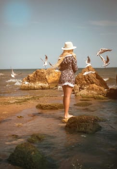 Blonde in a short summer dress and a light hat stands on the beach, with her back to the camera. The girl stands among the stones and waves of the sea, feeding seagulls.