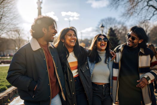 Four Indian friends gather in a park, soaking in the warm sun and sharing laughter as they enjoy each other's company during a leisurely afternoon stroll. Generative AI.