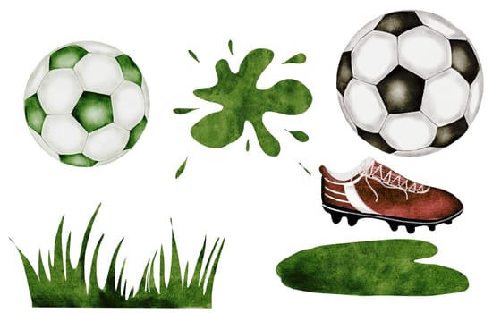 Soccer ball, grass, boot watercolor set. Hand drawn sports equipment on white background. Clip art football. Ideal for posters and game tickets. High quality illustration