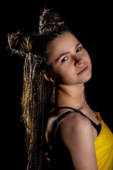 This captivating portrait showcases an innovative hair design and vibrant accessories that truly stand out