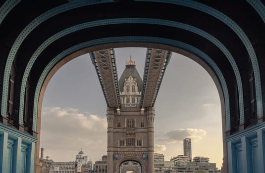 London, UK - Apr 27, 2025 - Stunning view of The Iconic Tower Bridge with sky in the background. Famous Tower Bridge is Bascule bridge in London, use it as your Wallpaper, Poster and Space for text, Selective focus.