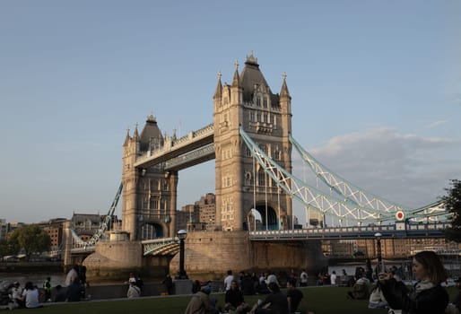 London, UK - Apr 27, 2025 - Stunning view of The Iconic Tower Bridge with sky in the background. Famous Tower Bridge is Bascule bridge in London city, use it as your Wallpaper, Poster and Space for text, Selective focus.