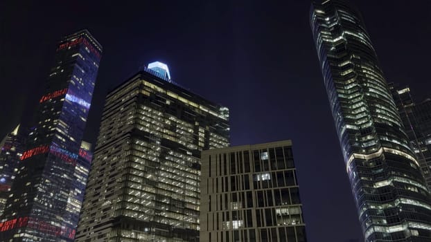Six different views of the moscow international business center skyscrapers at night