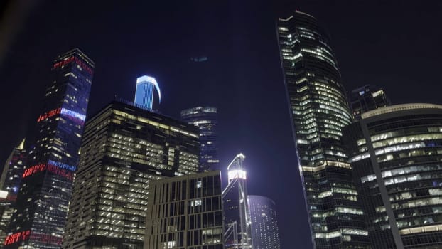 Six different views of the moscow international business center skyscrapers at night