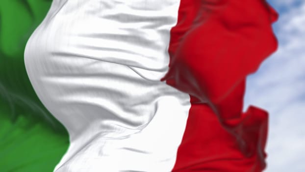 Close-up view of Italy's tricolor flag rippling outdoors against a blue sky, symbolizing pride, freedom, unity, and national identity. 3D realistic illustration of fabric texture and colors