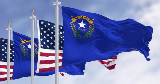 Nevada state flag with silver star and motto "Battle Born" fluttering alongside the US flag under a clear sky, symbolizing unity, pride, and independence. Realistic 3D fabric render.