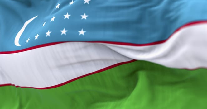 Close-up of the Uzbekistan flag with crescent moon and star symbols, fluttering in the wind, representing freedom, pride, and unity. Realistic 3D fabric texture render.