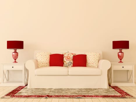 Interior composition of white sofa, red table lamps and red decor that create holiday mood
