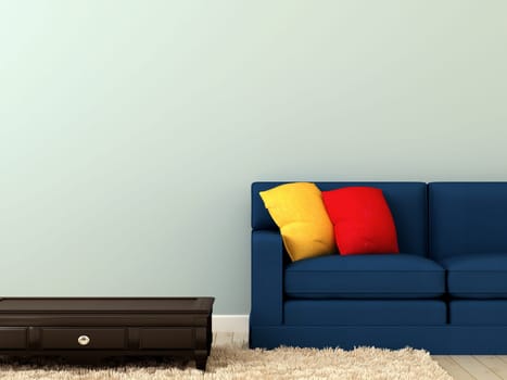 The composition of a sofa and a black table on the white carpet and focus on bright pillows