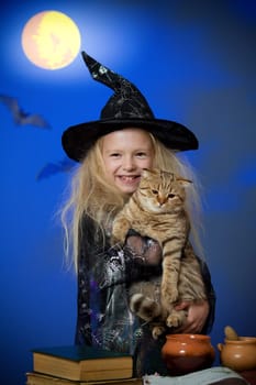 Girl dressed up as witch in night with cat
