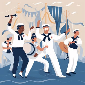 Celebrate National Maritime Day with this playful cartoon image! This lively image features cartoon characters in sailor outfits celebrating the maritime industry with music, dancing, and food.
