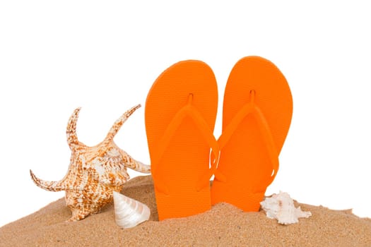 pair of orange sandals seashellsin sand isolated on white background
