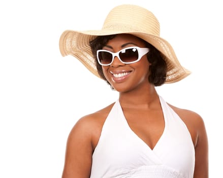 pretty black woman wearing white summer outfit on white background