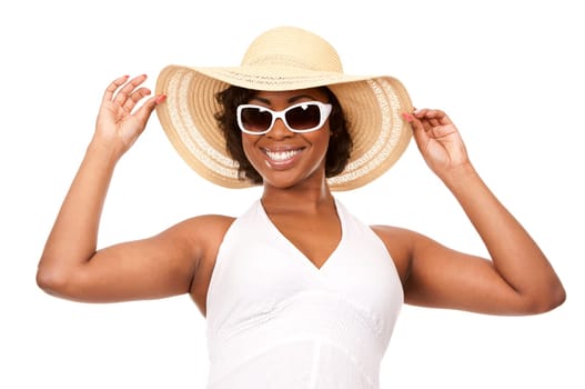 pretty black woman wearing white summer outfit on white background